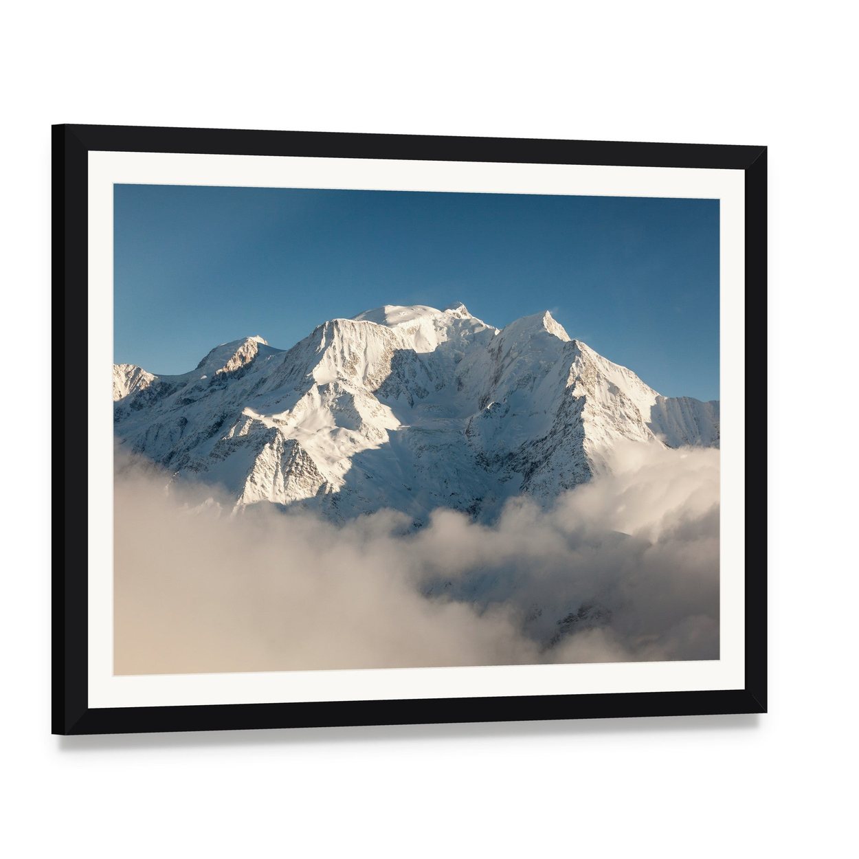 Mont Blanc in Winter Canvas Wall Art, framed print with white mat and black frame, angled product view
