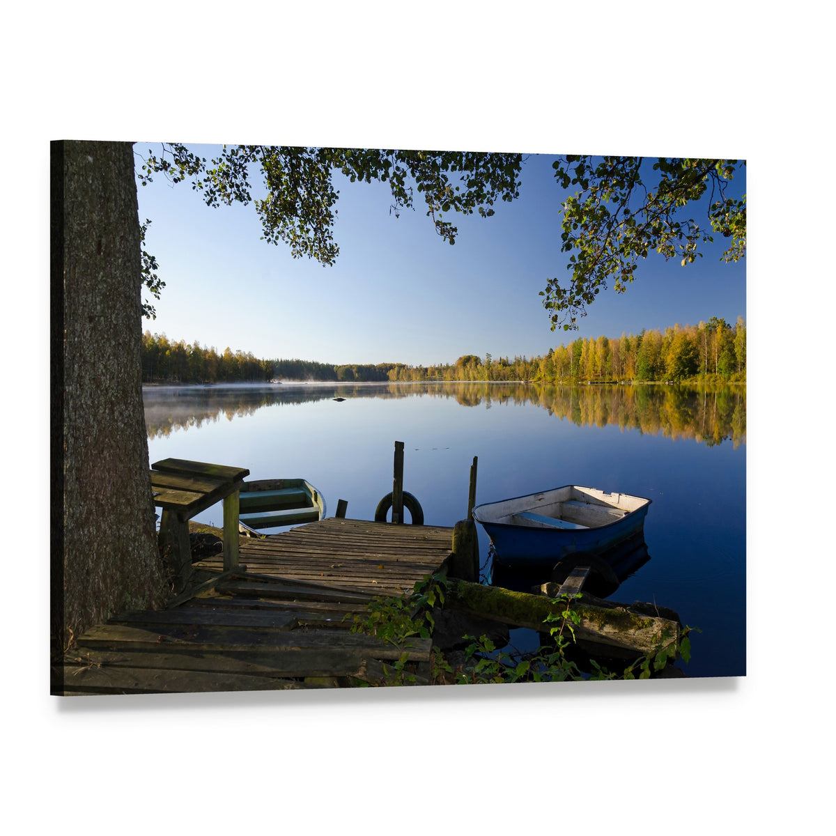 Autumn Lake with Wooden Dock Canvas Wall Art, single panel gallery wrapped canvas, angled product view