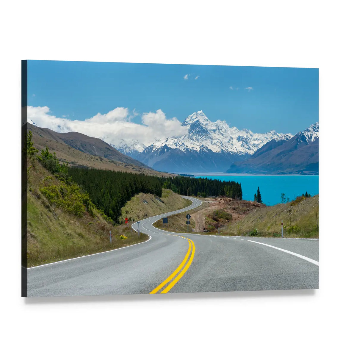 Mt Cook Winding Road and Lake Canvas Wall Art, single panel gallery wrapped canvas, angled product view
