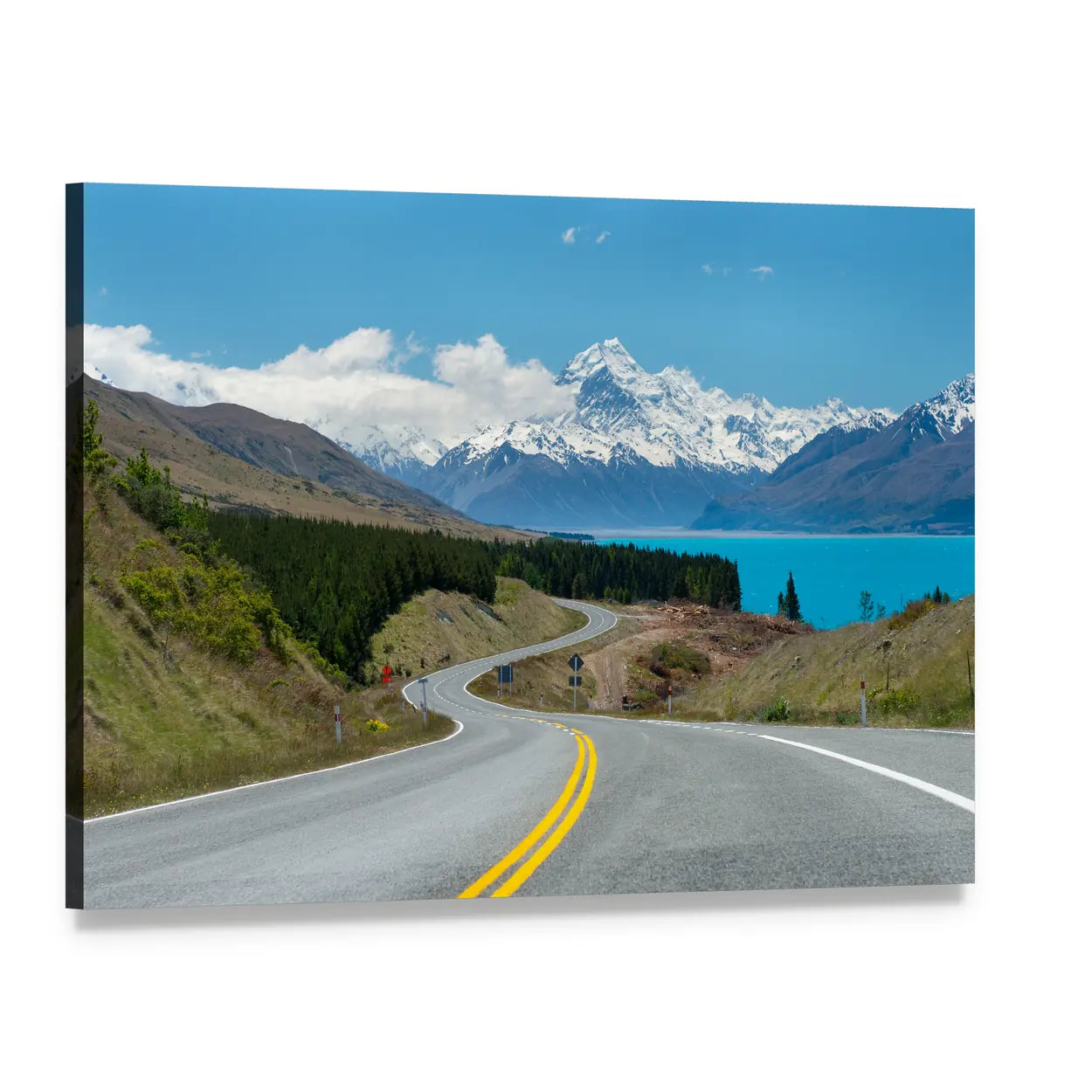 Mt Cook Winding Road and Lake Canvas Wall Art, single panel gallery wrapped canvas, angled product view