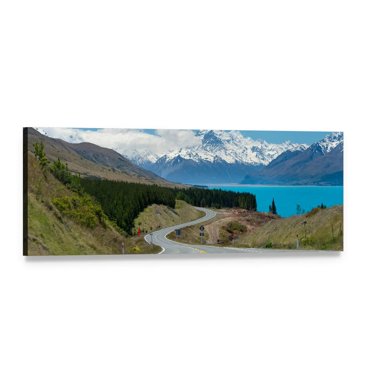 Winding Road Beside Turquoise Glacial Lake Panoramic Canvas Wall Art, single panel gallery wrapped canvas, angled product view
