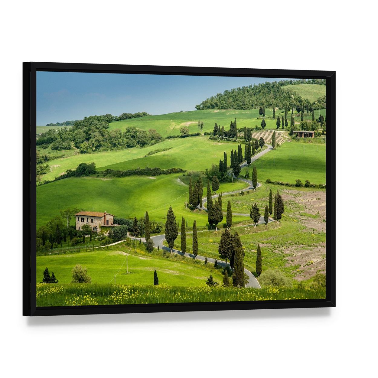 Winding Road with Cypress Trees Canvas Wall Art, framed canvas in a black floater frame, angled product view