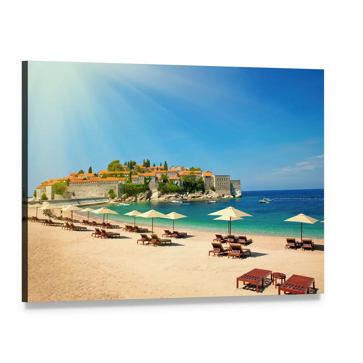 Tropical Beach Chairs on Island Shore Canvas Wall Art, single panel gallery wrapped canvas, angled product view