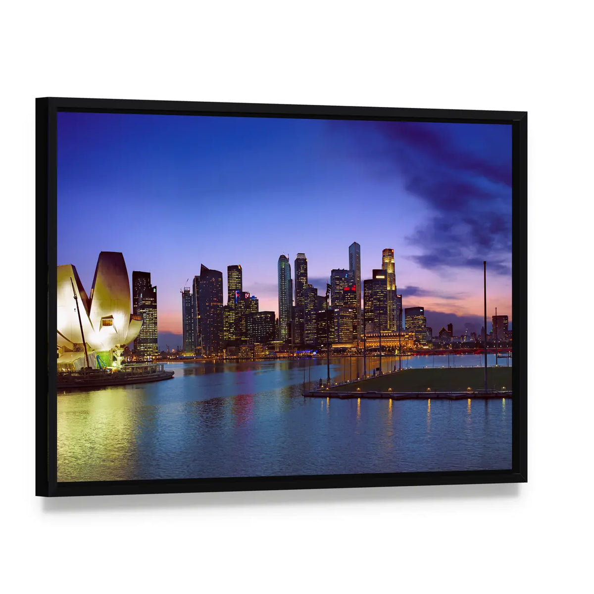Singapore Skyline at Twilight Canvas Wall Art, framed canvas in a black floater frame, angled product view