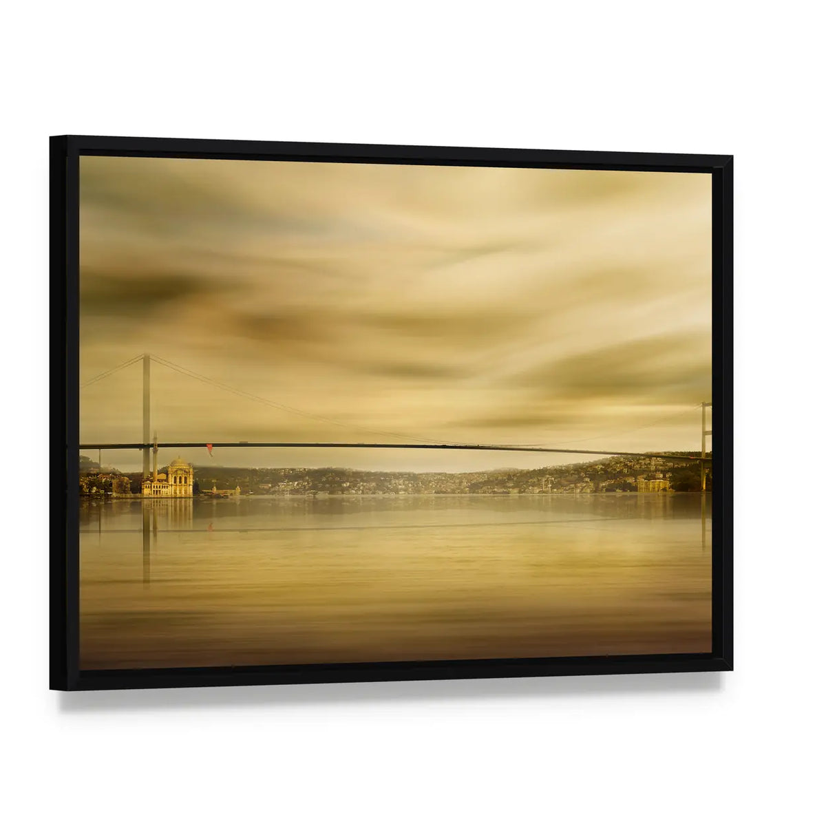 Bosphorus Bridge In Istanbul Canvas Wall Art, framed canvas in a black floater frame, angled product view