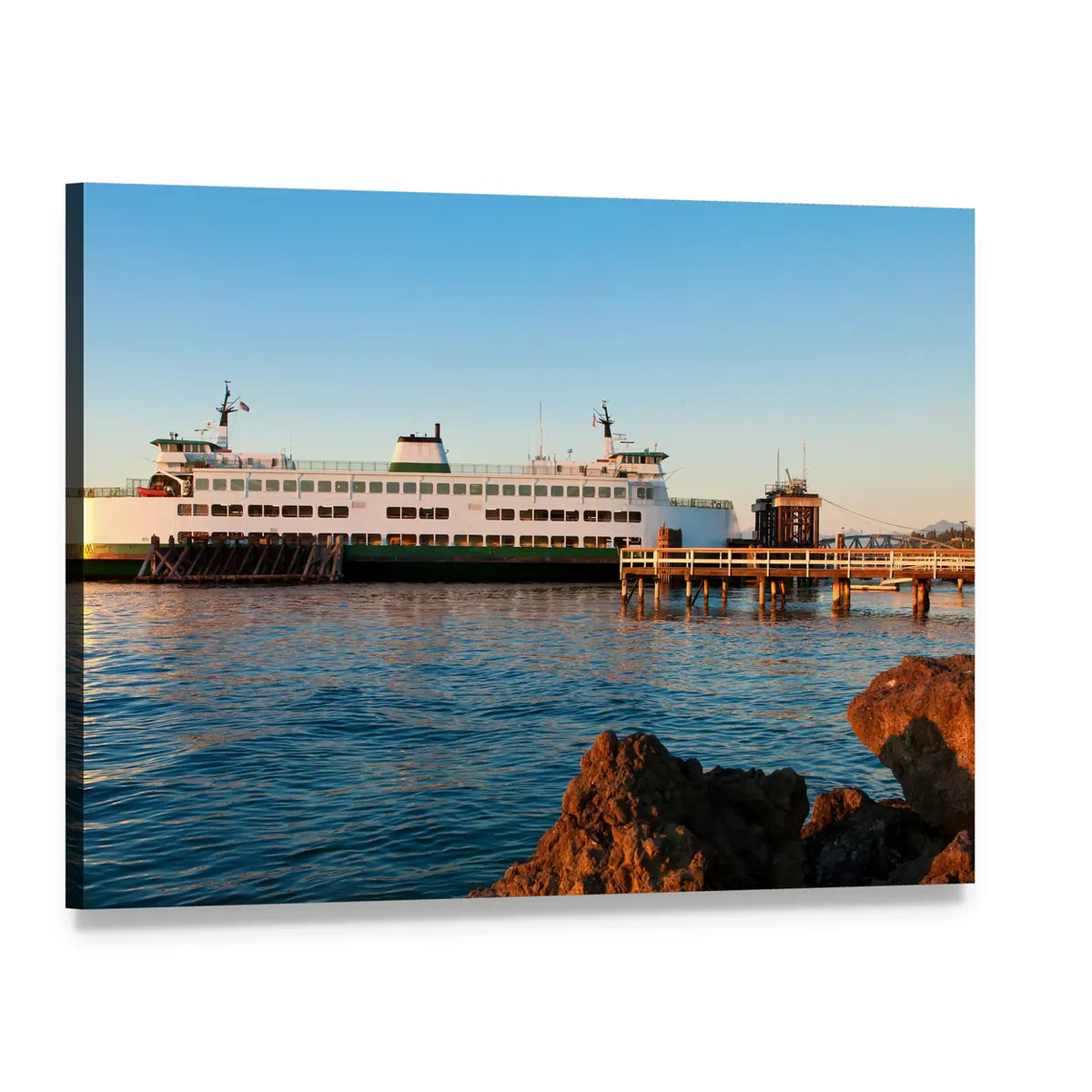 Ferry Docked at Rocky Pier Canvas Wall Art, single panel gallery wrapped canvas, angled product view
