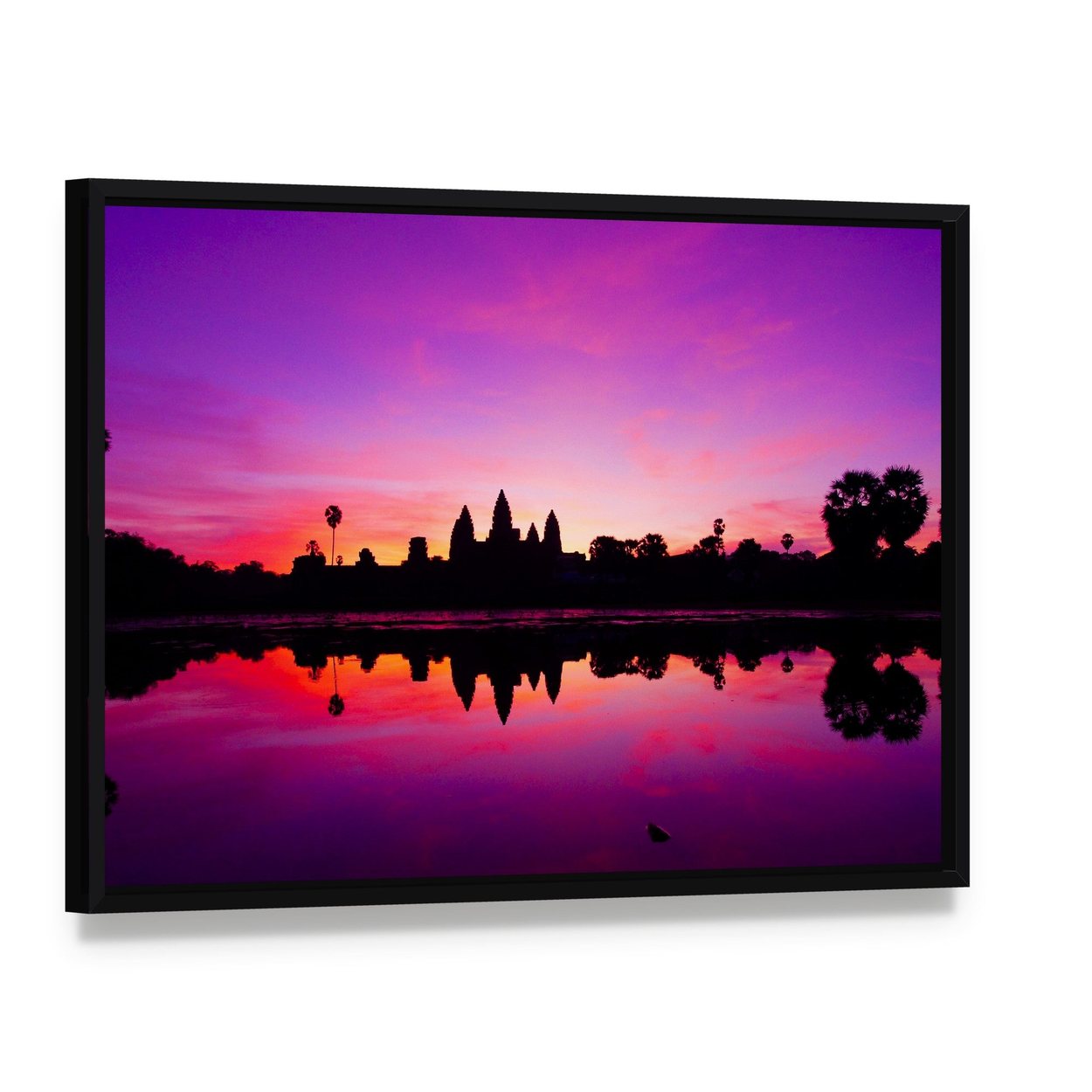 Angkor Wat Temple at Sunset Canvas Wall Art, framed canvas in a black floater frame, angled product view