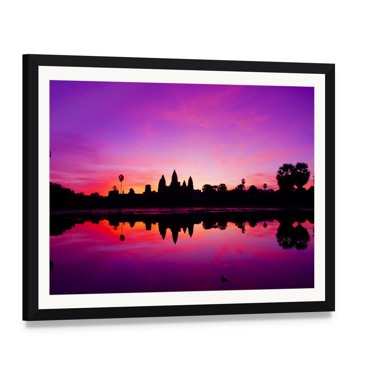 Angkor Wat Temple at Sunset Canvas Wall Art, framed print with white mat and black frame, angled product view