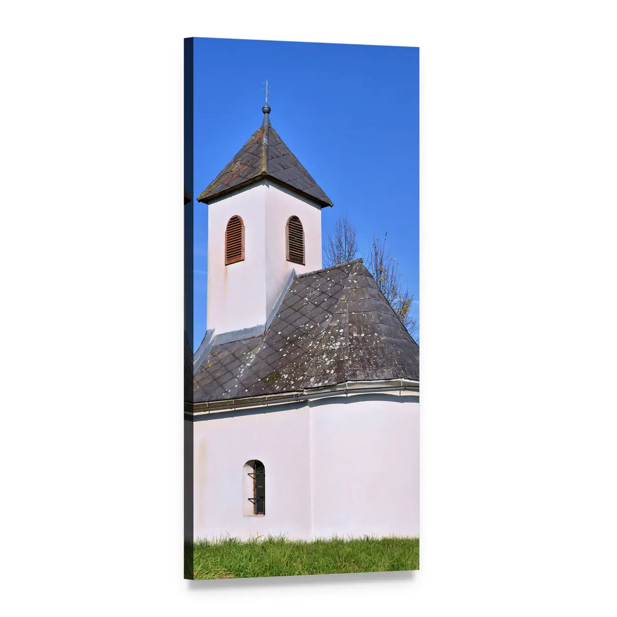 Chapel in Autumn Sky Vertical Canvas Wall Art, 1 panel 1 Vertical layout gallery wrapped canvas set, angled product view