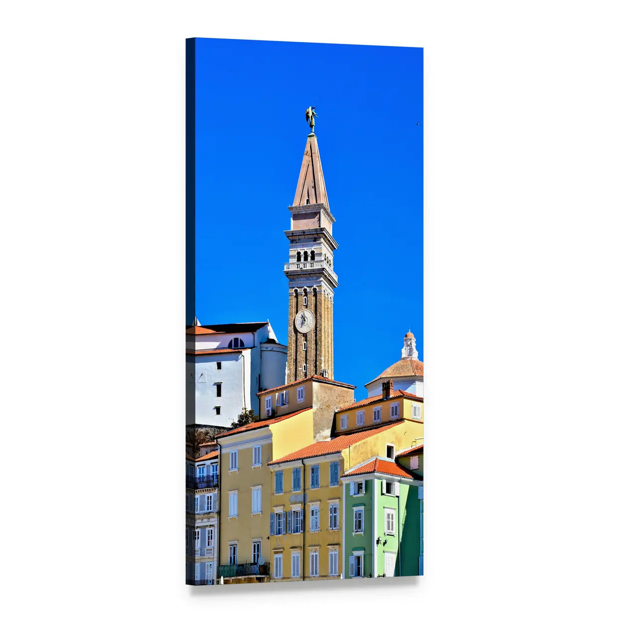 Piran Bell Tower and Church, Slovenia Vertical Canvas Wall Art, 1 panel 1 Vertical layout gallery wrapped canvas set, angled product view
