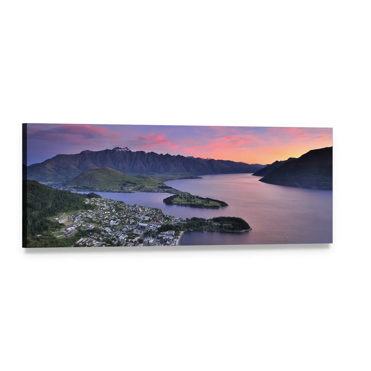 Lakeside Town at Dusk Panoramic Canvas Wall Art, single panel gallery wrapped canvas, angled product view