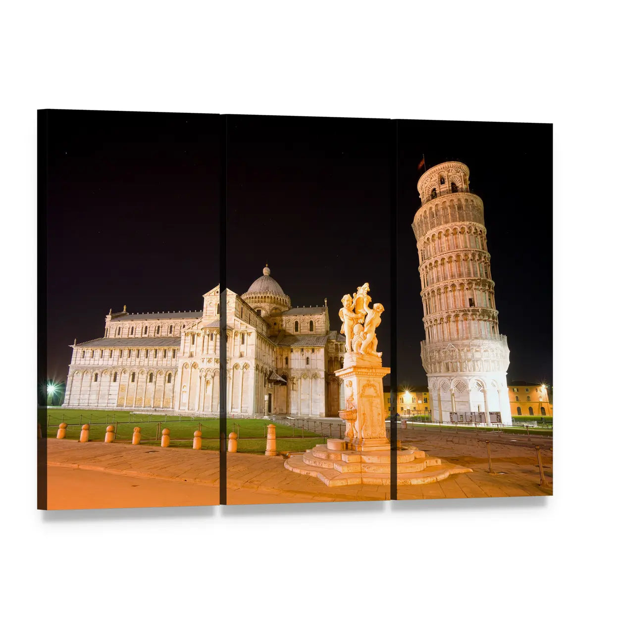 Pisa Plaza with Leaning Tower at Night Canvas Wall Art, 3 panel 3 Horizontal layout gallery wrapped canvas set, angled product view
