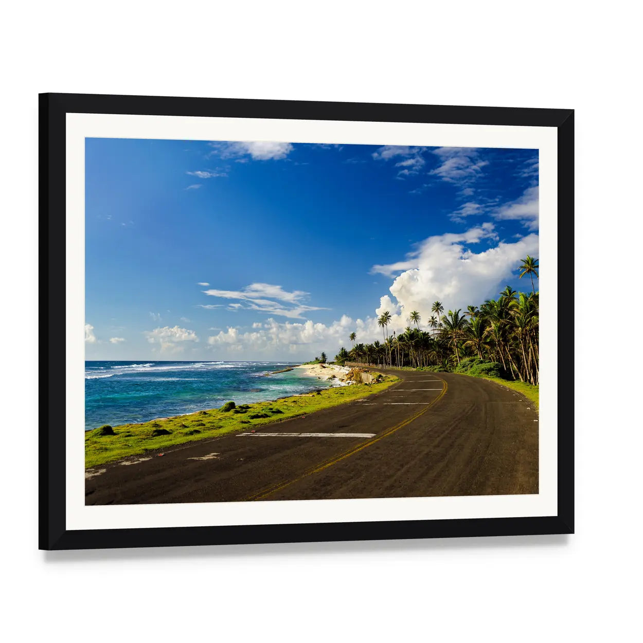 Coastal Road in San Andres Colombia Canvas Wall Art, framed print with white mat and black frame, angled product view