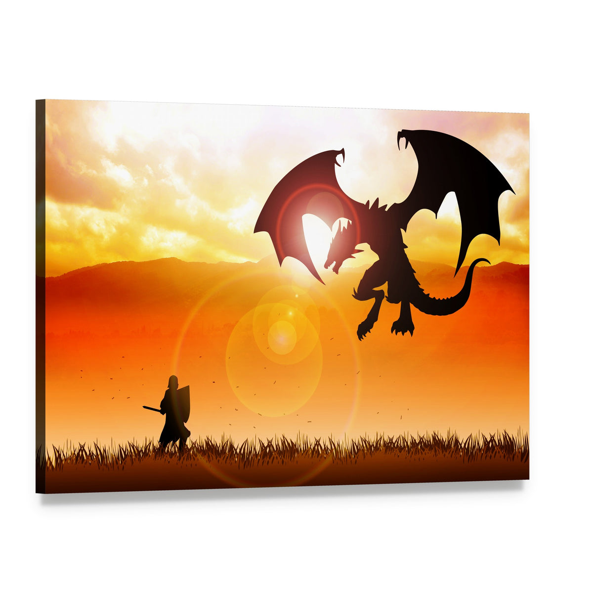 Knight Fighting a Dragon at Sunset Canvas Wall Art, single panel gallery wrapped canvas, angled product view