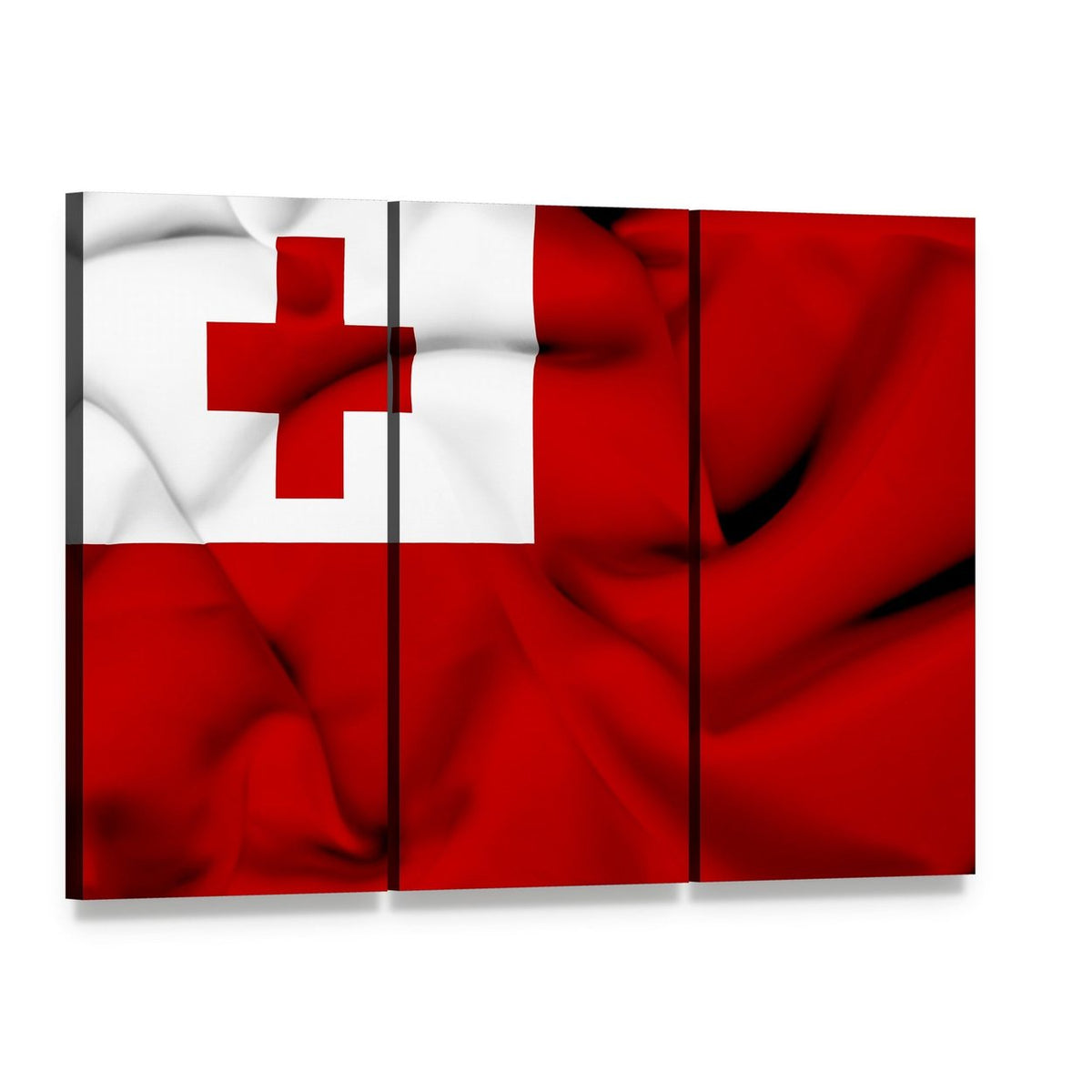 Tonga Flag Waving Close-up Canvas Wall Art, 3 panel 3 Horizontal layout gallery wrapped canvas set, angled product view