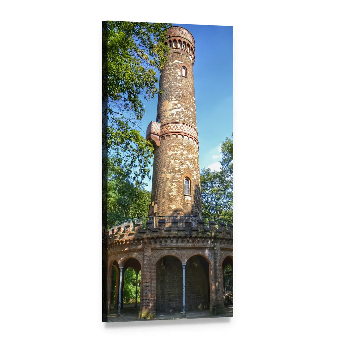 Historic Brick Tower and Arched Colonnade Vertical Canvas Wall Art, 1 panel 1 Vertical layout gallery wrapped canvas set, angled product view
