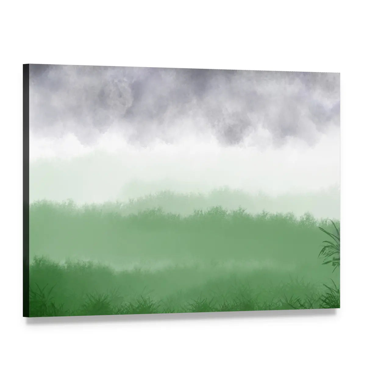 Misty Green Field with Rolling Hills Canvas Wall Art, single panel gallery wrapped canvas, angled product view