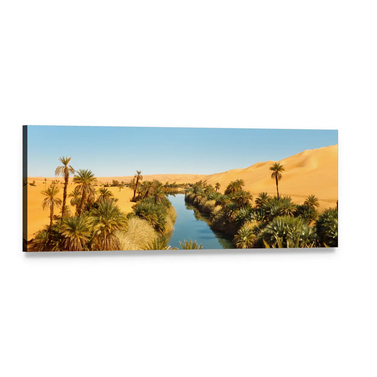Umm Al-ma Desert Lake Oasis Panoramic Canvas Wall Art, single panel gallery wrapped canvas, angled product view