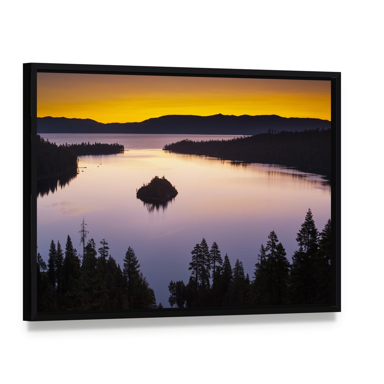 Evening at Lake Tahoe Canvas Wall Art, framed canvas in a black floater frame, angled product view