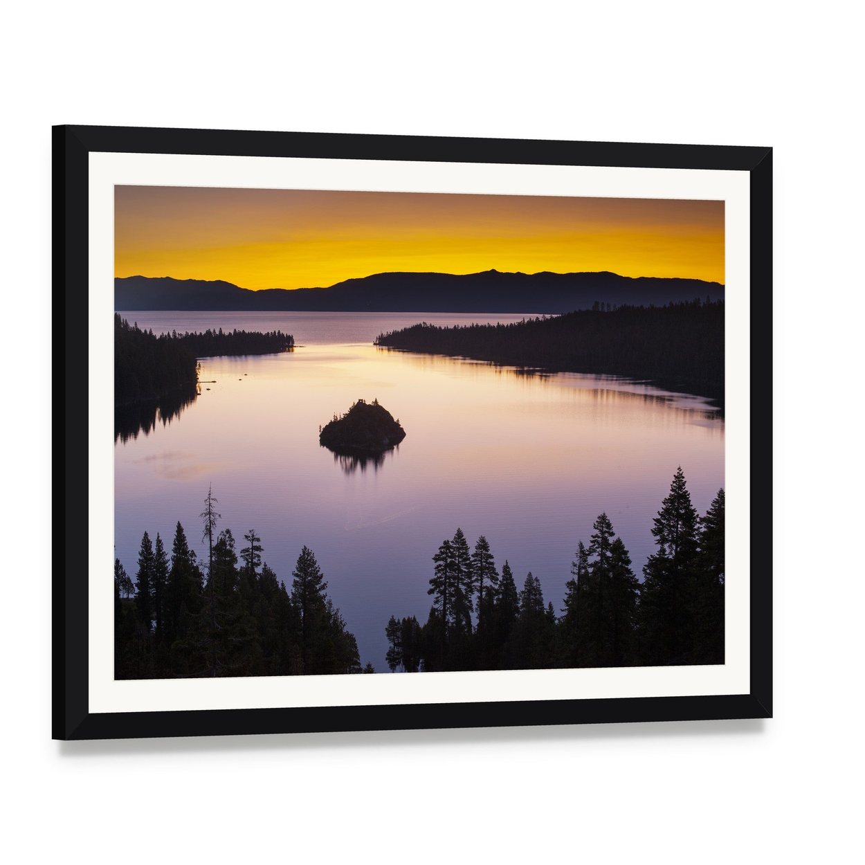 Evening at Lake Tahoe Canvas Wall Art, framed print with white mat and black frame, angled product view