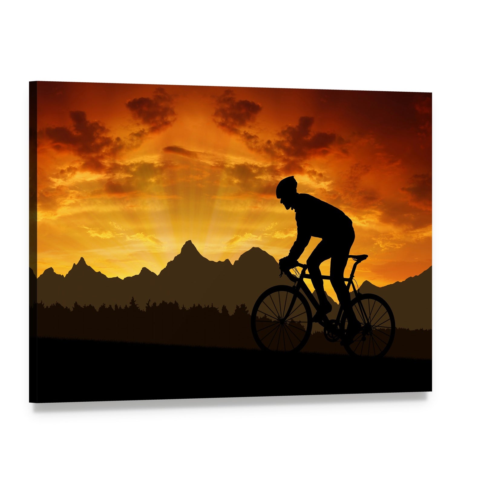 Cyclist Silhouette at Sunset Over Mountains Canvas Wall Art, single panel gallery wrapped canvas, angled product view