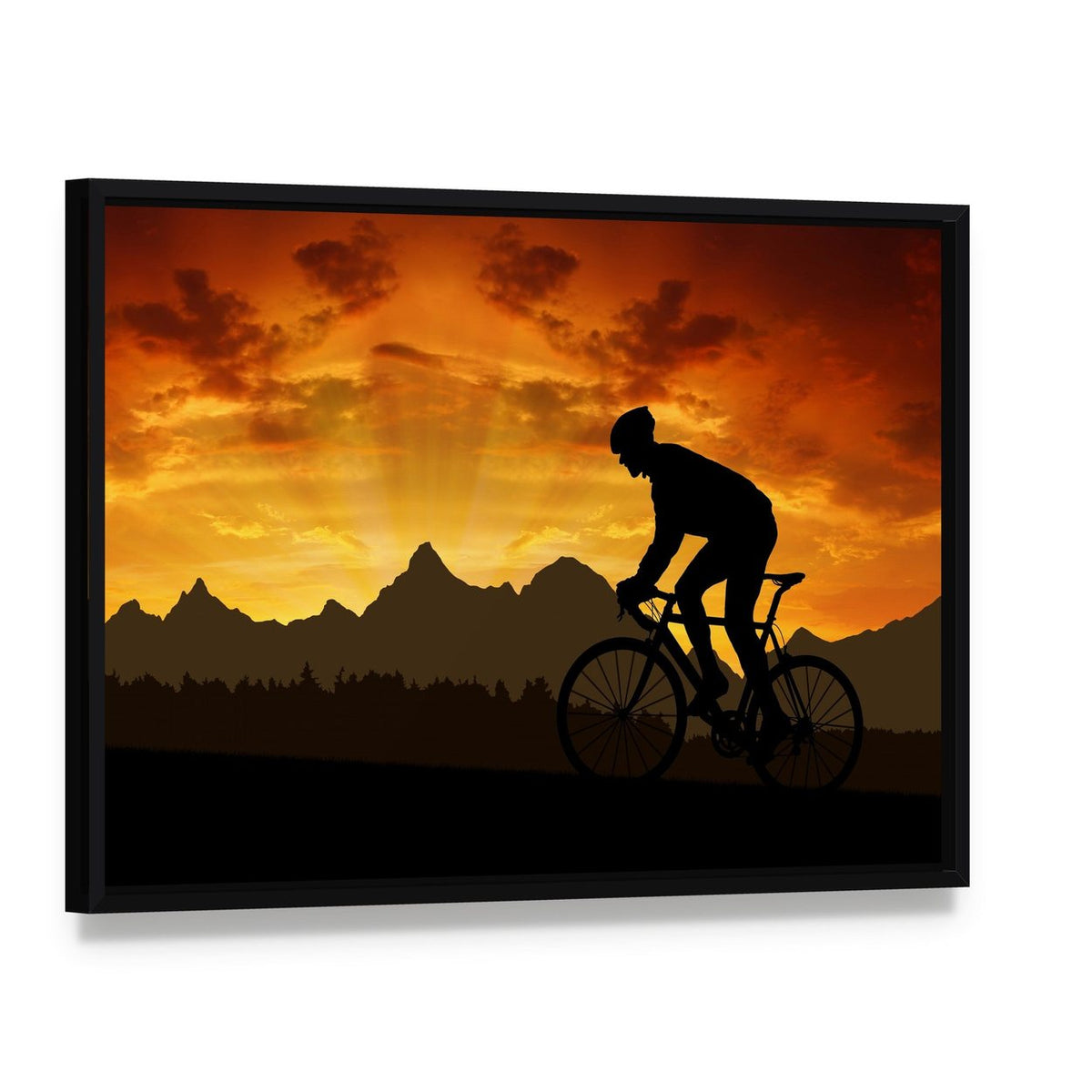 Cyclist Silhouette at Sunset Over Mountains Canvas Wall Art, framed canvas in a black floater frame, angled product view