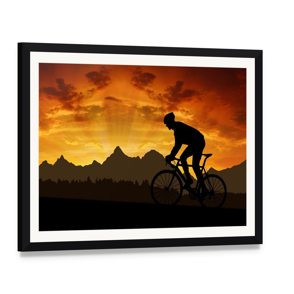 Cyclist Silhouette at Sunset Over Mountains Canvas Wall Art, framed print with white mat and black frame, angled product view