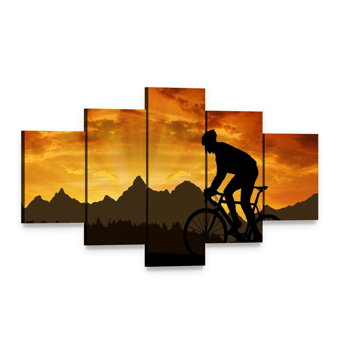 Cyclist Silhouette at Sunset Over Mountains Canvas Wall Art, 5 panel 5 Star layout gallery wrapped canvas set, angled product view