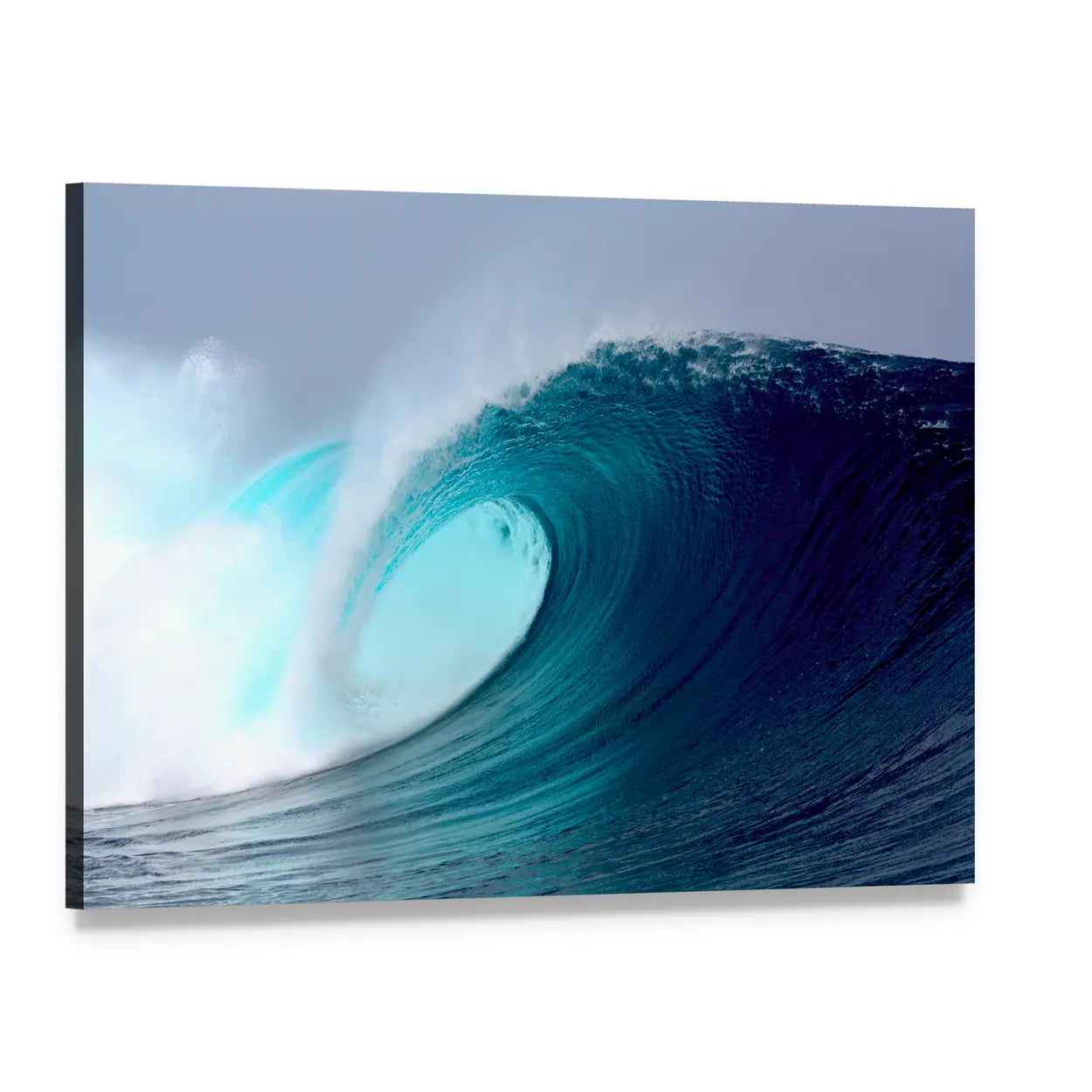 Blue Tropical Surfing Wave Canvas Wall Art, single panel gallery wrapped canvas, angled product view