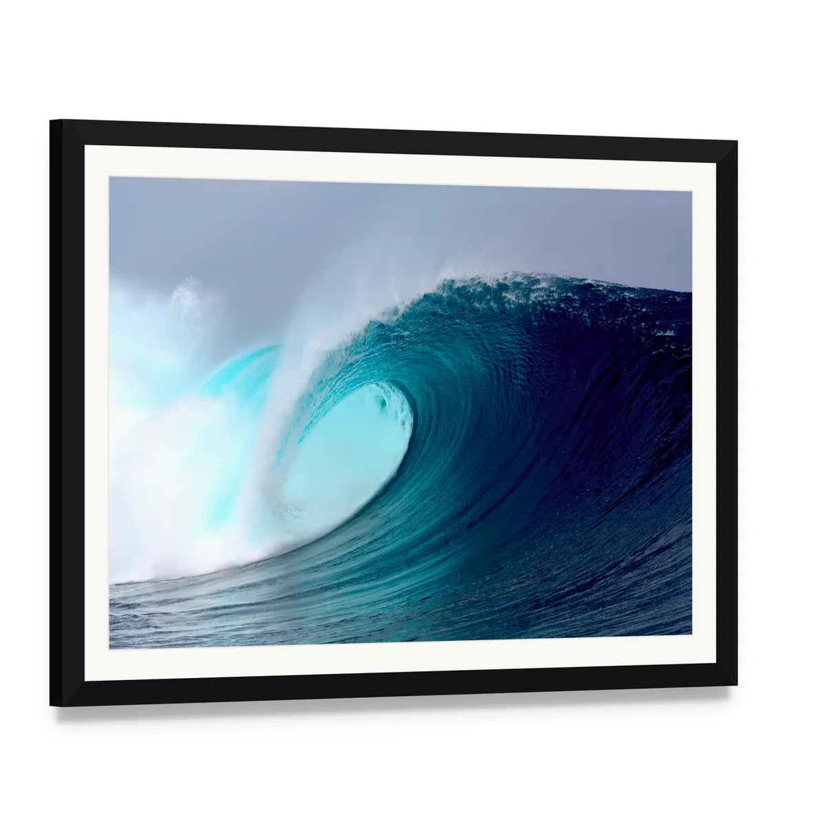 Blue Tropical Surfing Wave Canvas Wall Art, framed print with white mat and black frame, angled product view