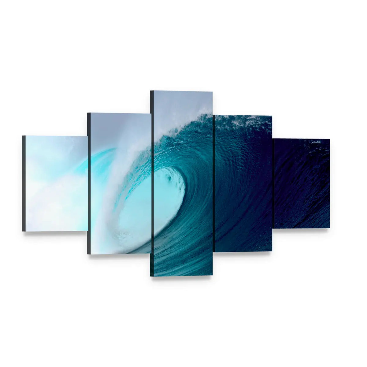 Blue Tropical Surfing Wave Canvas Wall Art, 5 panel 5 Star layout gallery wrapped canvas set, angled product view