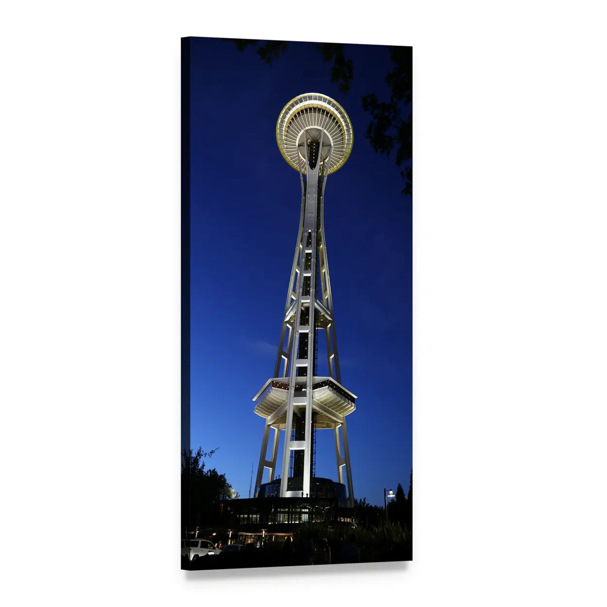 Seattle Space Needle at Night Vertical Canvas Wall Art, 1 panel 1 Vertical layout gallery wrapped canvas set, angled product view