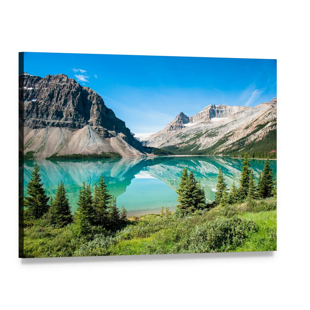 Bow Lake Reflection Canvas Wall Art, single panel gallery wrapped canvas, angled product view