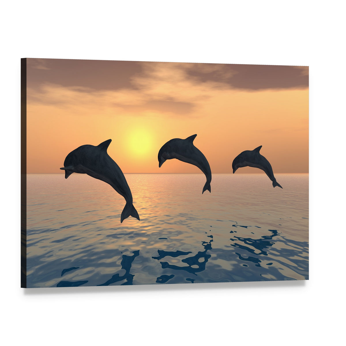 Jumping Dolphins at Sunset Canvas Wall Art, single panel gallery wrapped canvas, angled product view