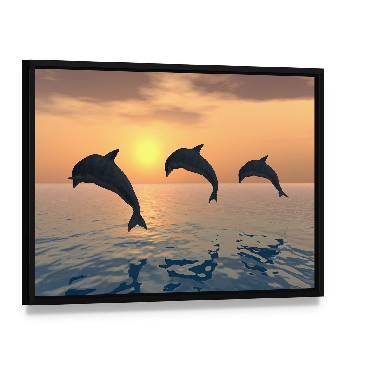 Jumping Dolphins at Sunset Canvas Wall Art, framed canvas in a black floater frame, angled product view