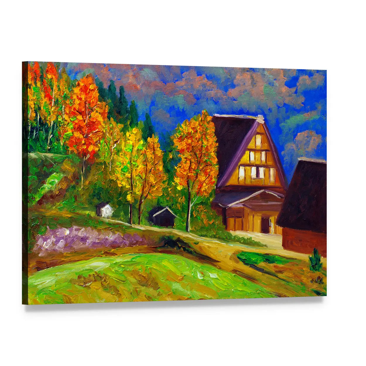 Autumn Gassho-zukuri Village with Glowing Windows Canvas Wall Art, single panel gallery wrapped canvas, angled product view