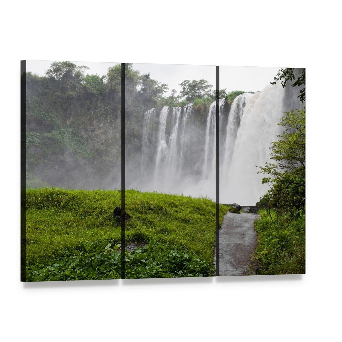 Eyipantla Waterfall in Mexico Canvas Wall Art, 3 panel 3 Horizontal layout gallery wrapped canvas set, angled product view