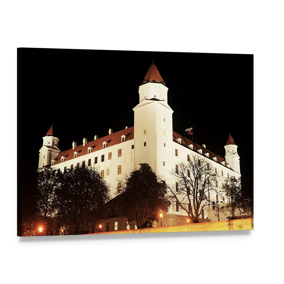 Bratislava Castle at Night Canvas Wall Art, single panel gallery wrapped canvas, angled product view