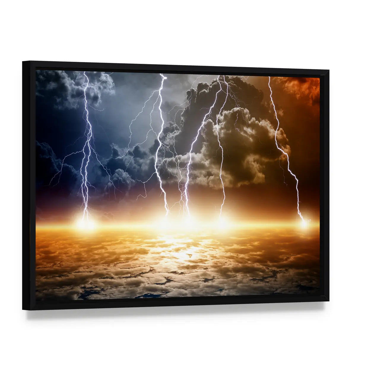 Dramatic Lightning Over Glowing Horizon Canvas Wall Art, framed canvas in a black floater frame, angled product view