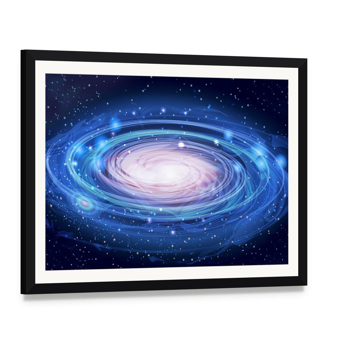 Blue Glowing Andromeda Canvas Wall Art, framed print with white mat and black frame, angled product view