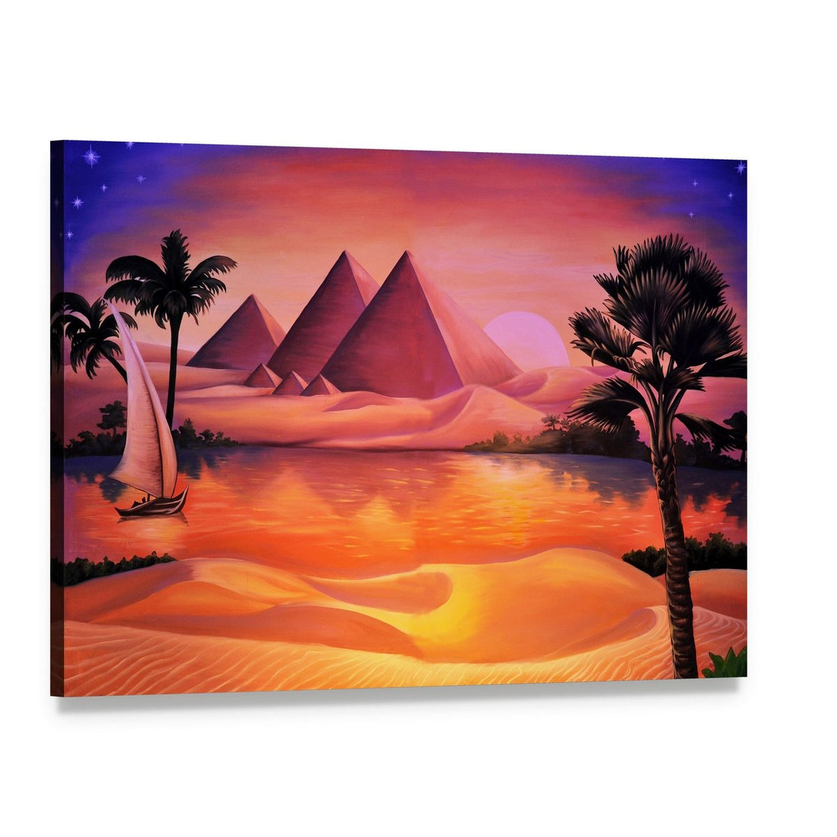 Pyramids and Nile River at Sunset Canvas Wall Art, single panel gallery wrapped canvas, angled product view