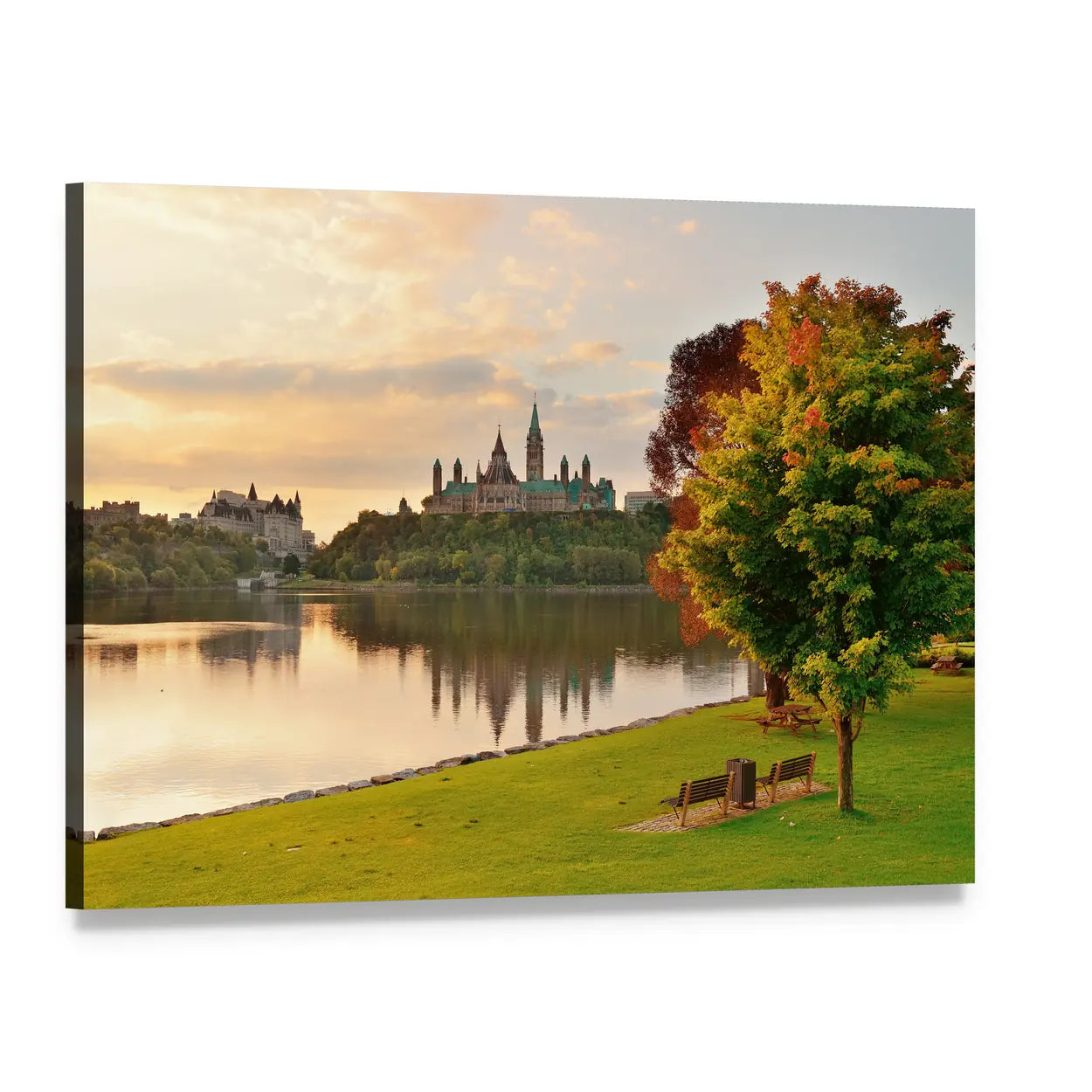 Ottawa Skyline at Sunrise Over River Canvas Wall Art, single panel gallery wrapped canvas, angled product view