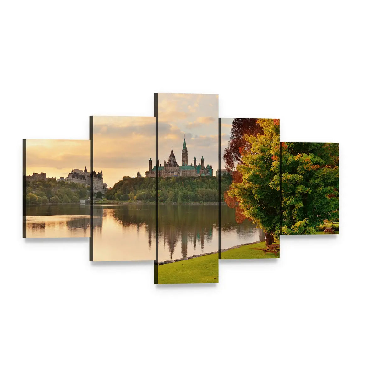 Ottawa Skyline at Sunrise Over River Canvas Wall Art, 5 panel 5 Star layout gallery wrapped canvas set, angled product view