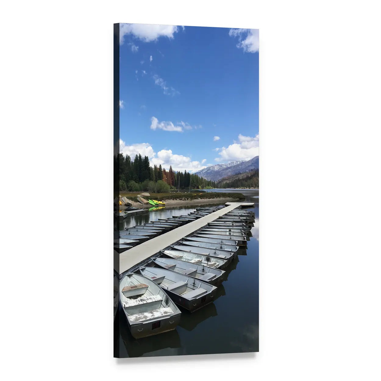 Rowboats Docked at Mountain Lake Vertical Canvas Wall Art, 1 panel 1 Vertical layout gallery wrapped canvas set, angled product view
