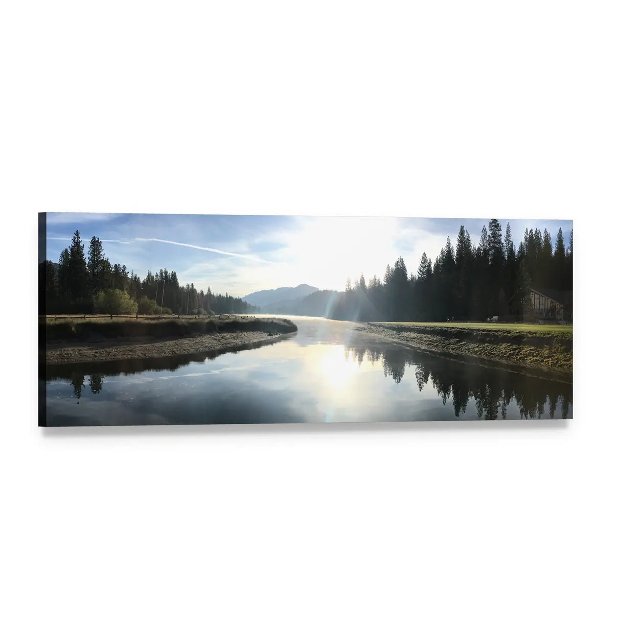 Hume Lake Sun Flare Over Cabin Panoramic Canvas Wall Art, single panel gallery wrapped canvas, angled product view