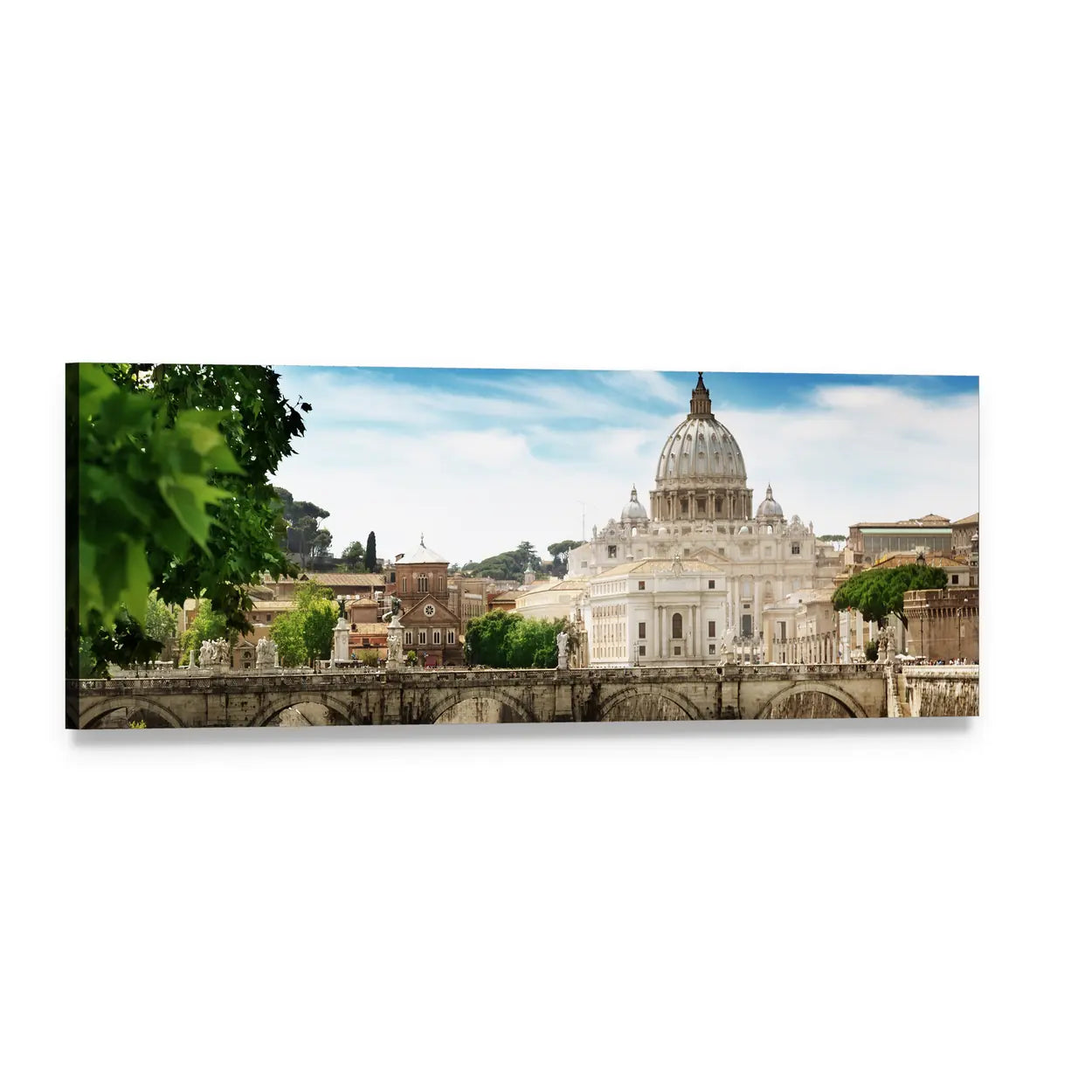 St. Peter's Basilica Over the Tiber Panoramic Canvas Wall Art, single panel gallery wrapped canvas, angled product view