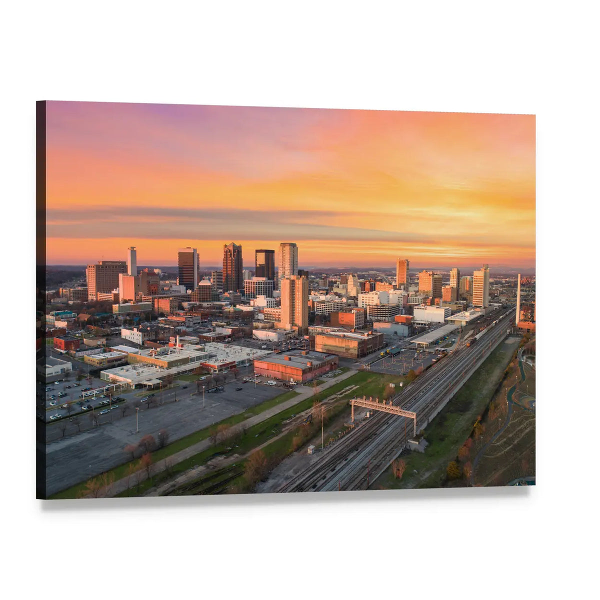 Birmingham Downtown Skyline at Sunset Canvas Wall Art, single panel gallery wrapped canvas, angled product view