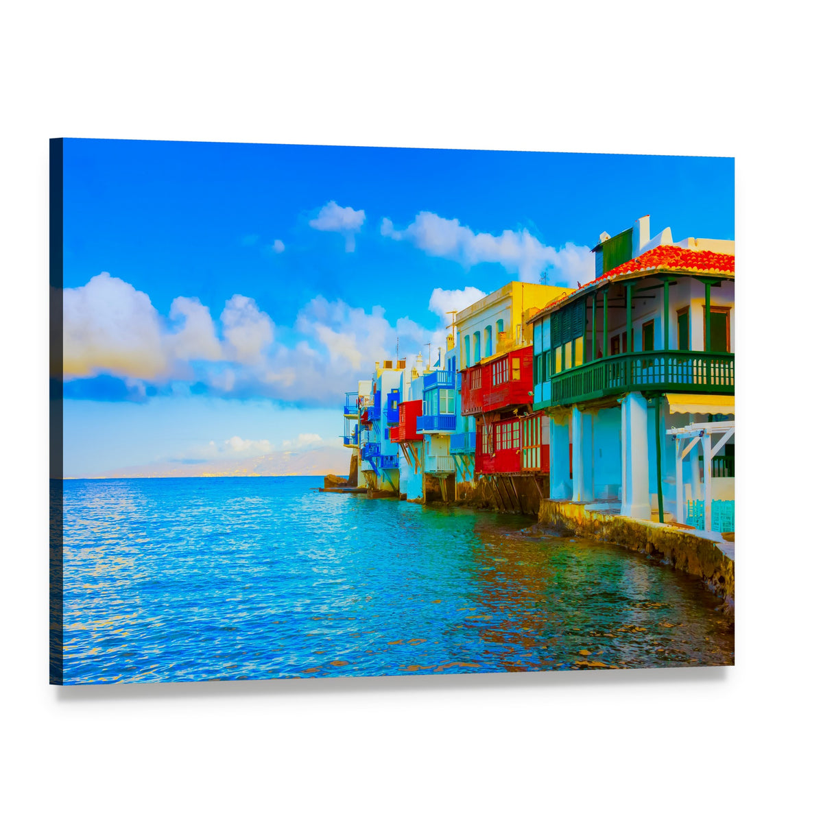 Little Venice Mykonos Waterfront Scene Canvas Wall Art, single panel gallery wrapped canvas, angled product view