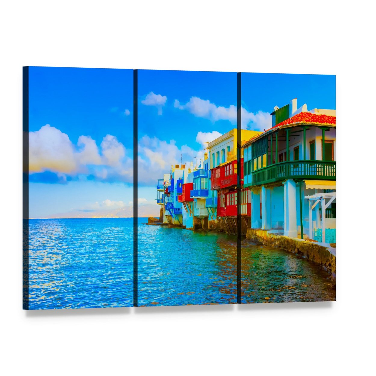 Little Venice Mykonos Waterfront Scene Canvas Wall Art, 3 panel 3 Horizontal layout gallery wrapped canvas set, angled product view