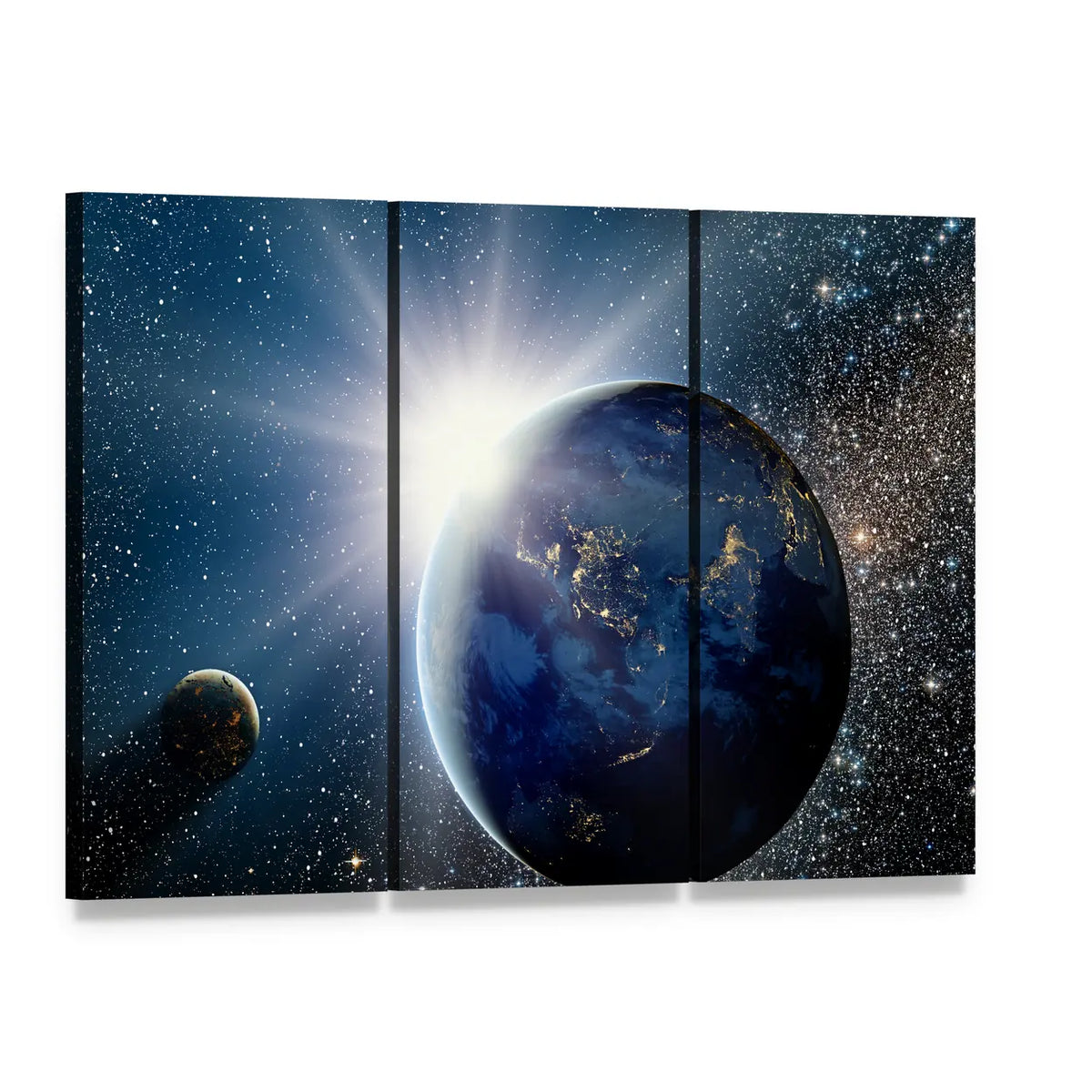 Cosmic Sunrise Over Earth Canvas Wall Art, 3 panel 3 Horizontal layout gallery wrapped canvas set, angled product view